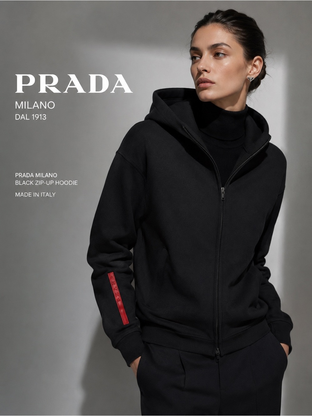 Prada Milano Black Zip-Up Hoodie – Made in Italy – Size L – Red Logo Sleeve